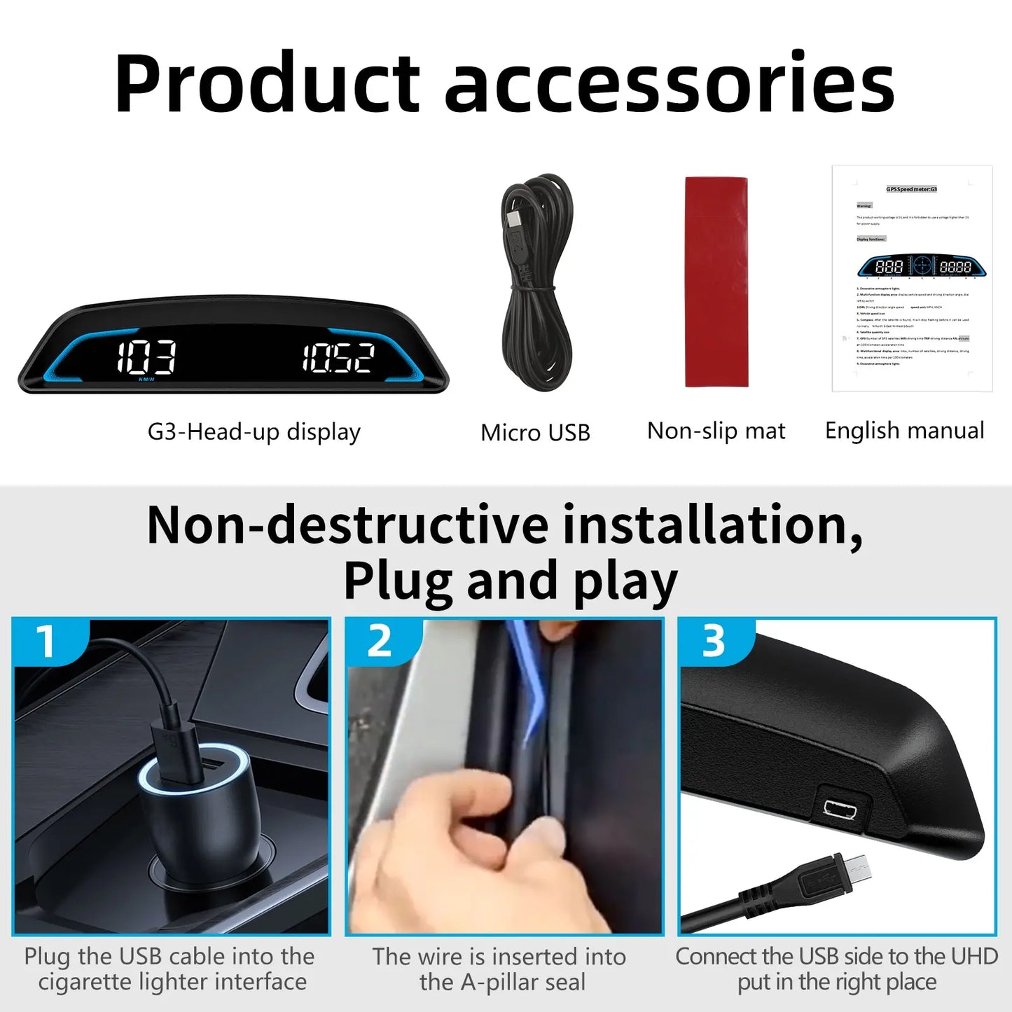 AD G3 / B3 Head up Display OBD2 GPS Smart Car HUD Digital Speedometer Security Alarm RPM Water Temperature Tachometer Clock
